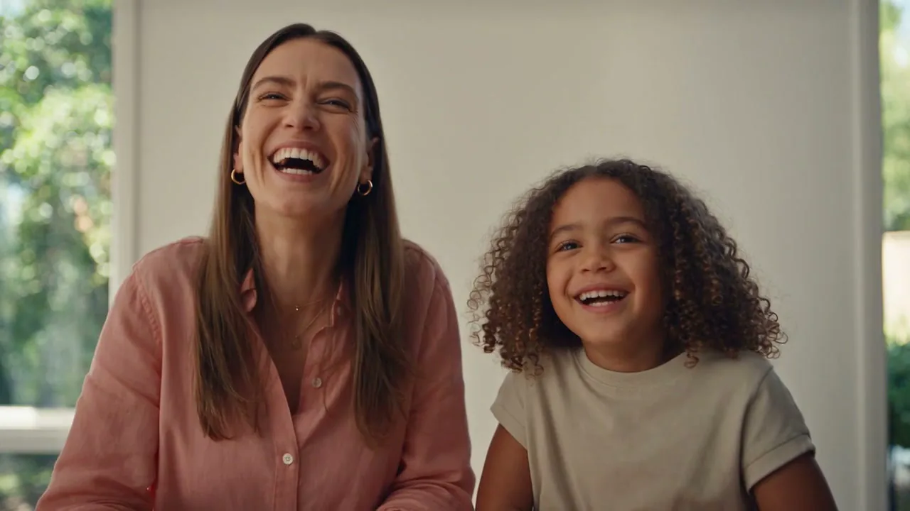 A mother and daughter laughing together at the front door