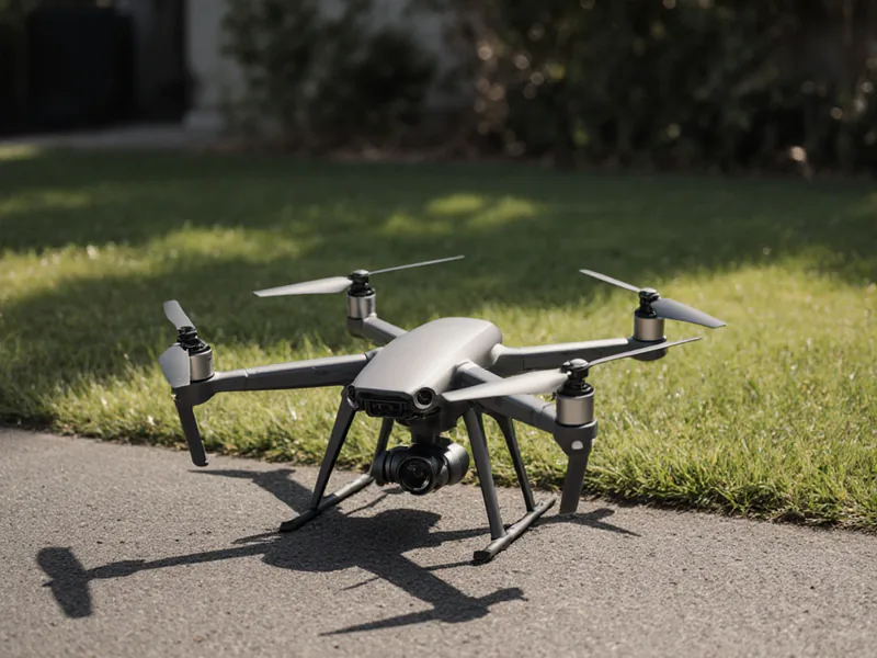 Drone and aerial photography add-on: a plain matte grey quadcopter drone on a paved driveway beside a lawn edge
