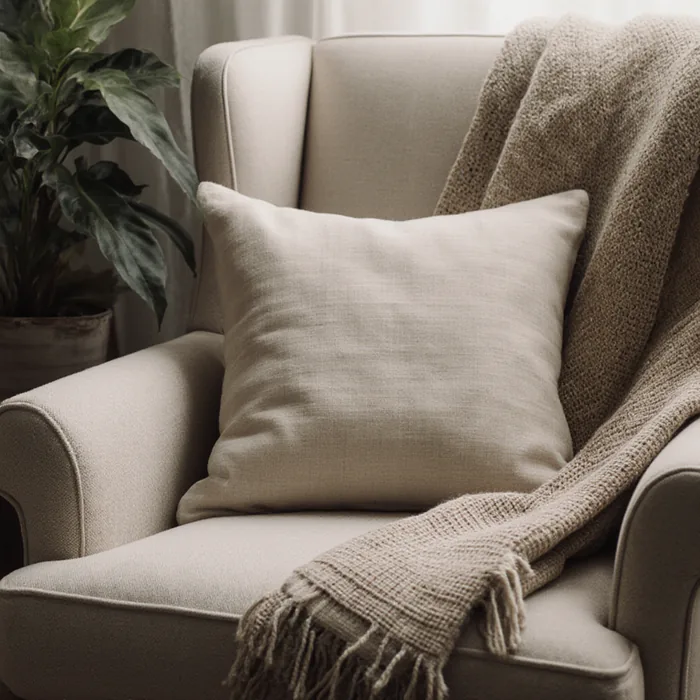 Pre-listing styling consultation: a neutral linen cushion and folded throw on a pale armchair
