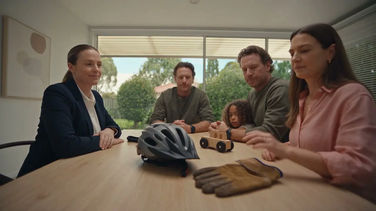 A buyer needs consultation at the kitchen table, a bike helmet and a work glove between them