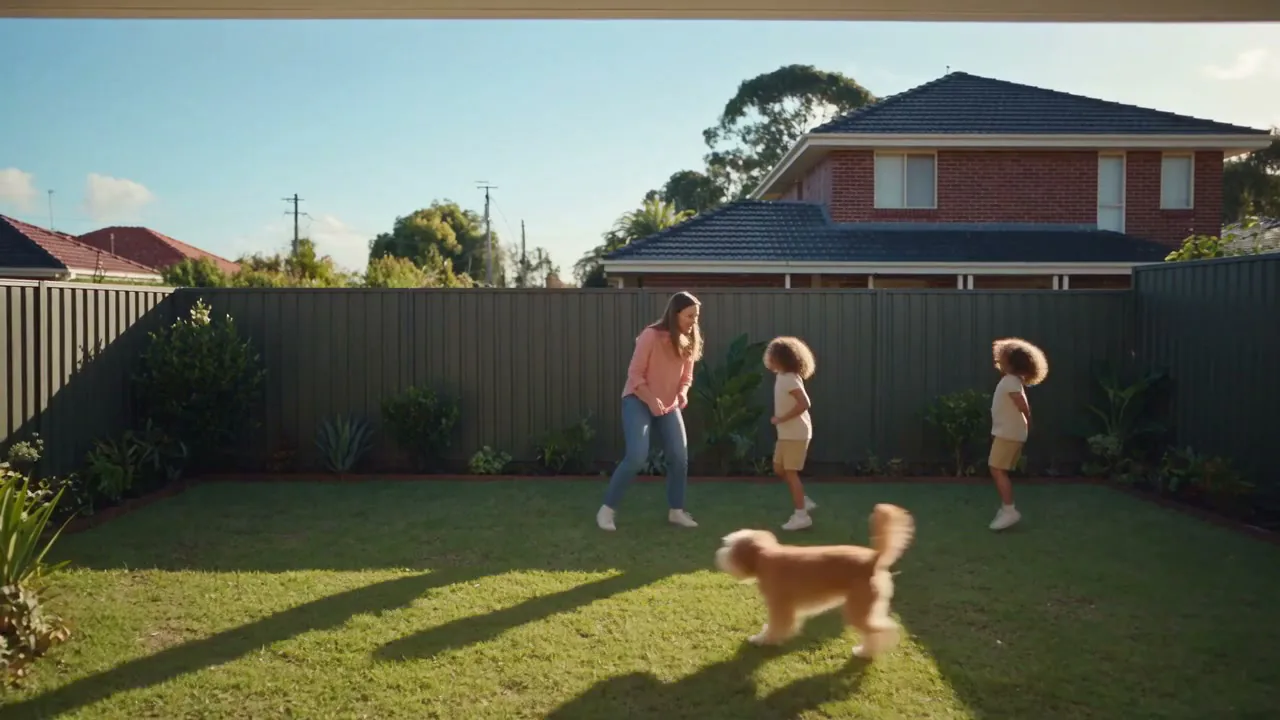 Kids and the family dog running across the backyard past the fence line